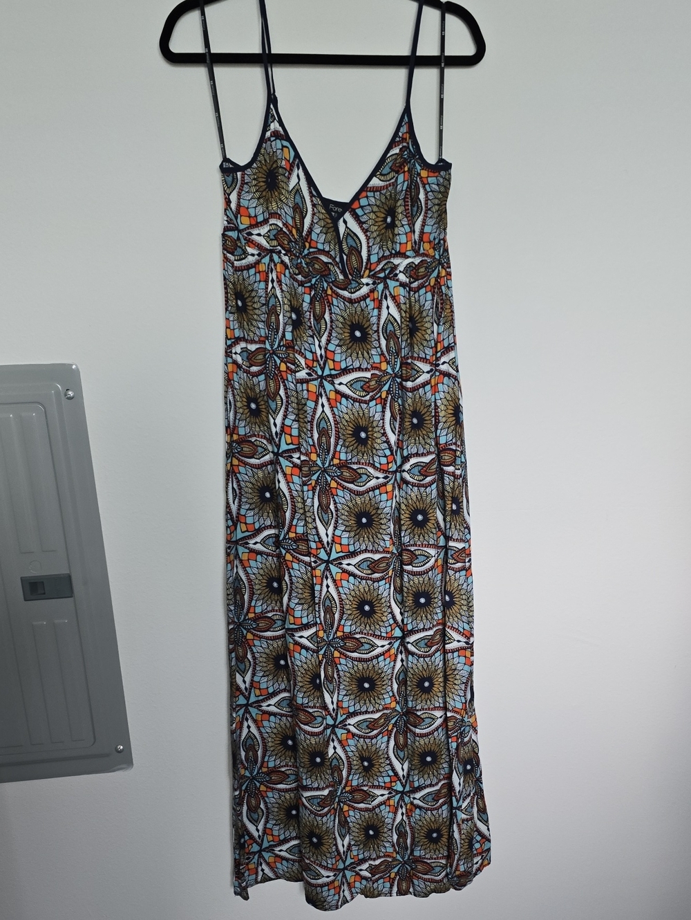 Forever 21 Blue, Brown & Orange Geometric Spaghetti-Strap Maxi Dress